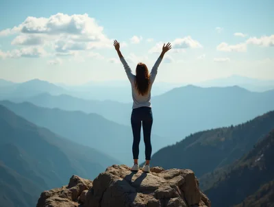 Woman Standing With Arms Raised On Mountain Peak