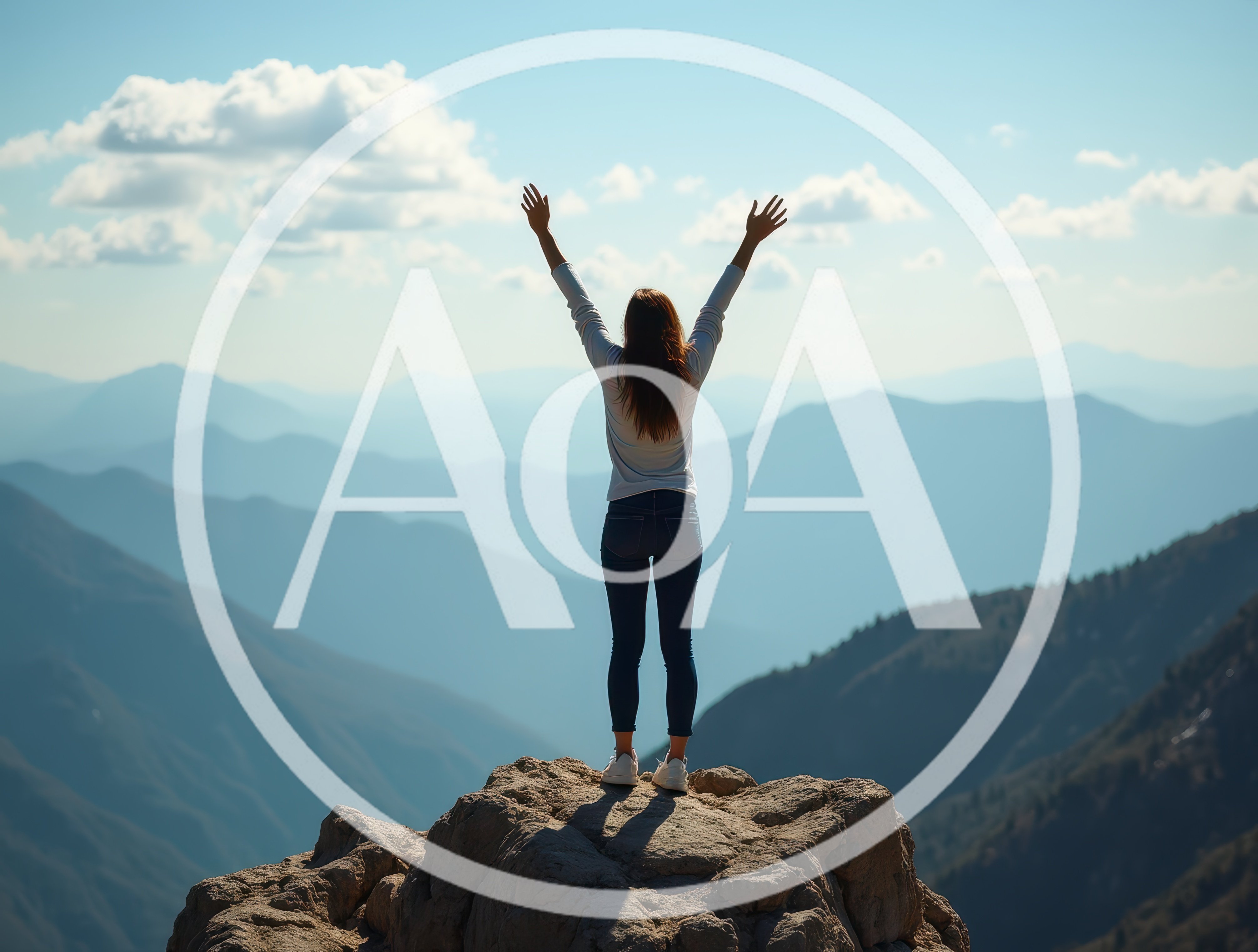 Woman Standing With Arms Raised On Mountain Peak