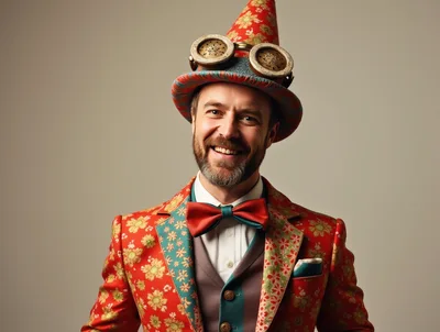 Smiling Man Wearing Steampunk Floral Suit And Hat