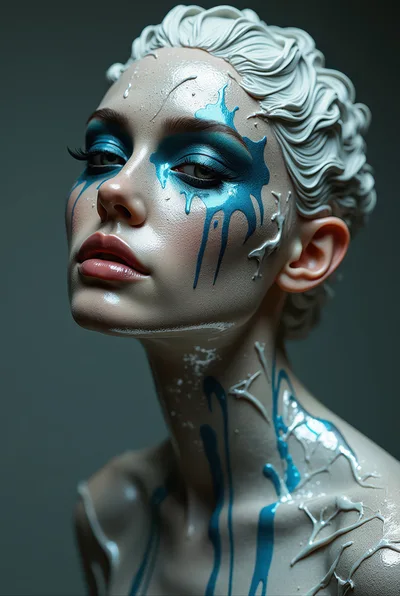 Portrait Of A Woman With Artistic Blue Paint Drips
