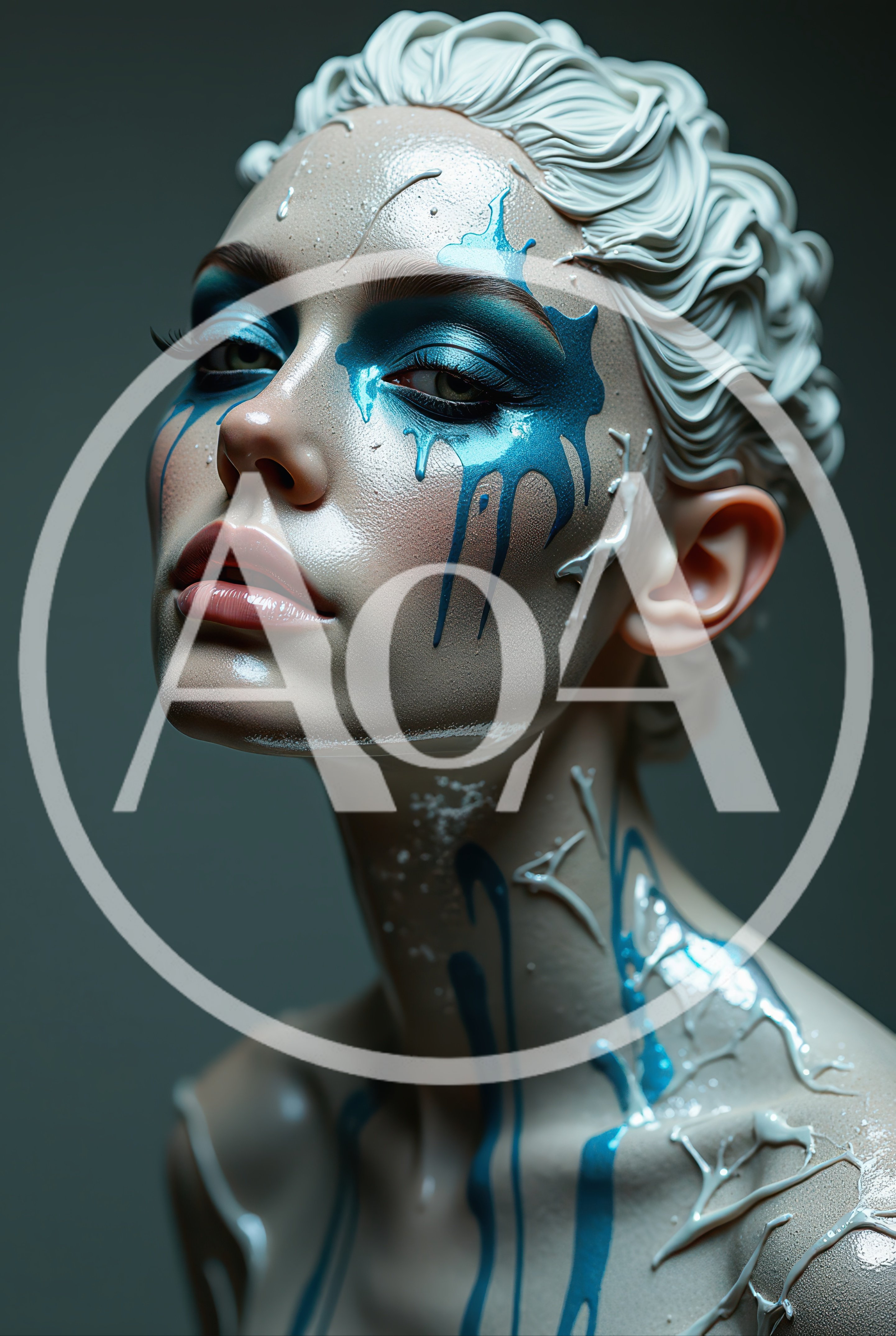 Portrait Of A Woman With Artistic Blue Paint Drips