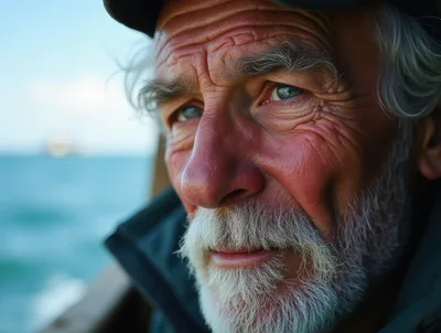Close Up Portrait Of An Elderly Fisherman At Sea
