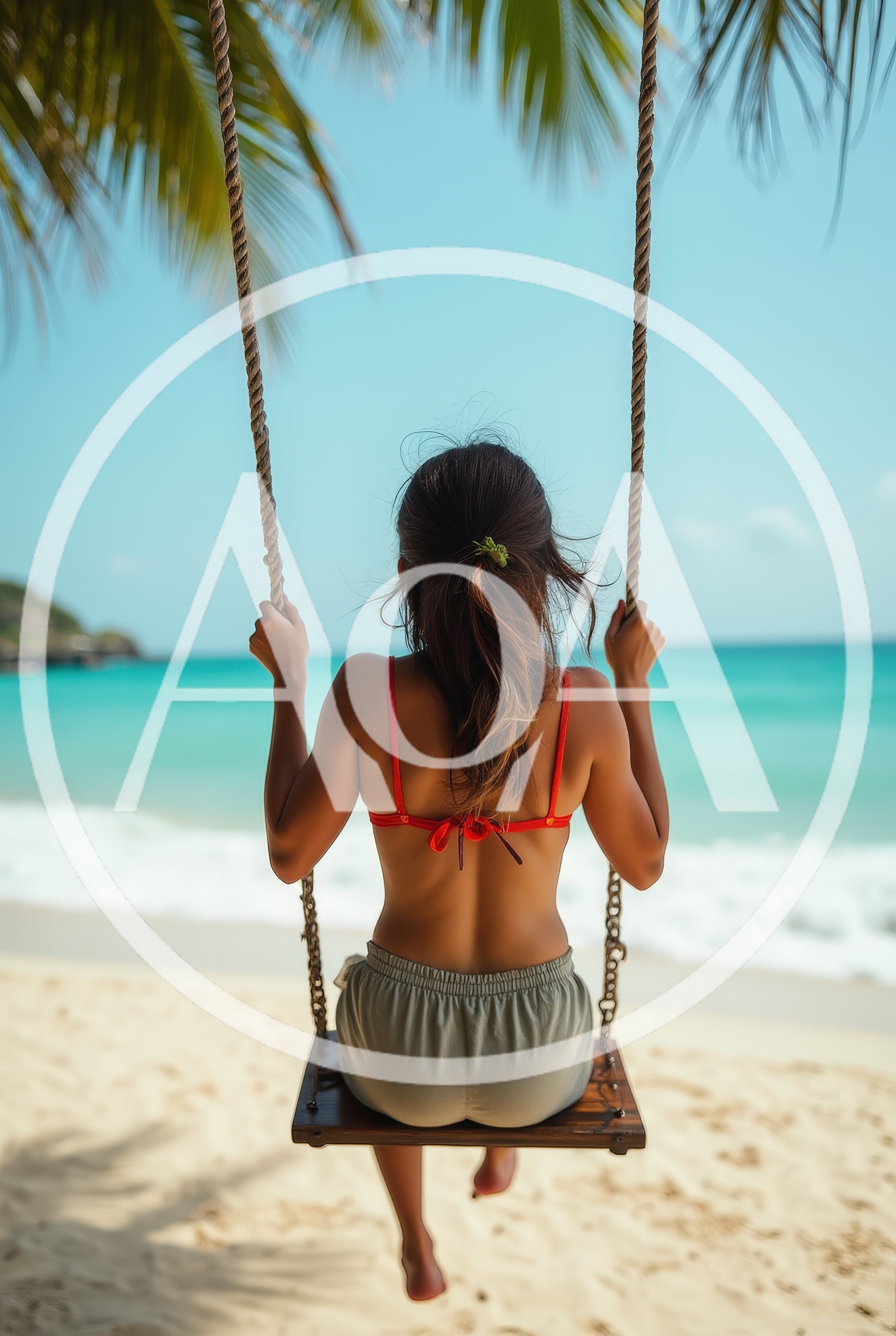 Woman Sitting On A Beach Swing Overlooking The Ocean