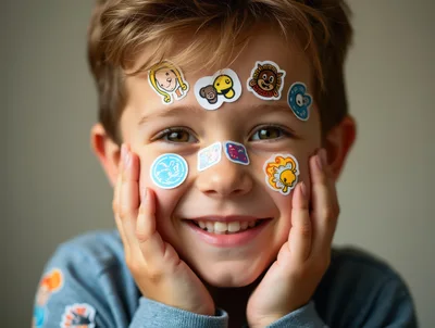 Happy Young Boy With Colorful Stickers On Face