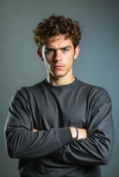 Young Man With Curly Hair Posing With Crossed Arms