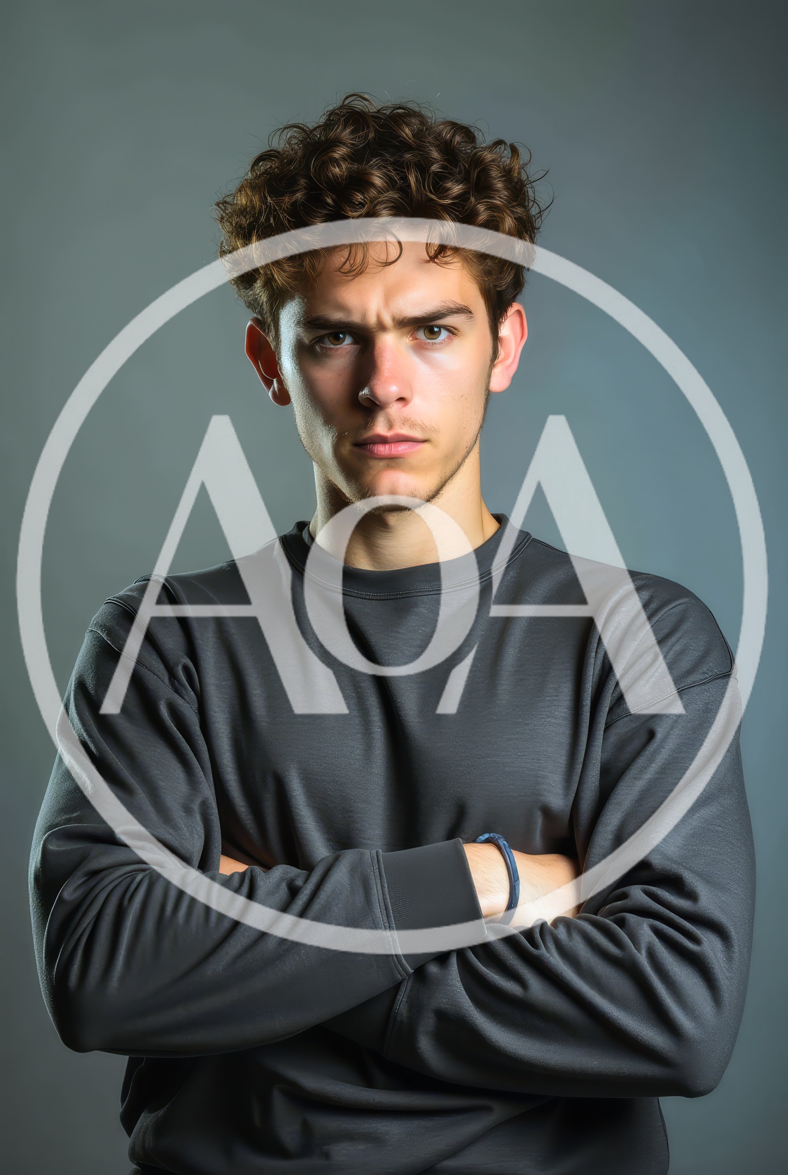 Young Man With Curly Hair Posing With Crossed Arms