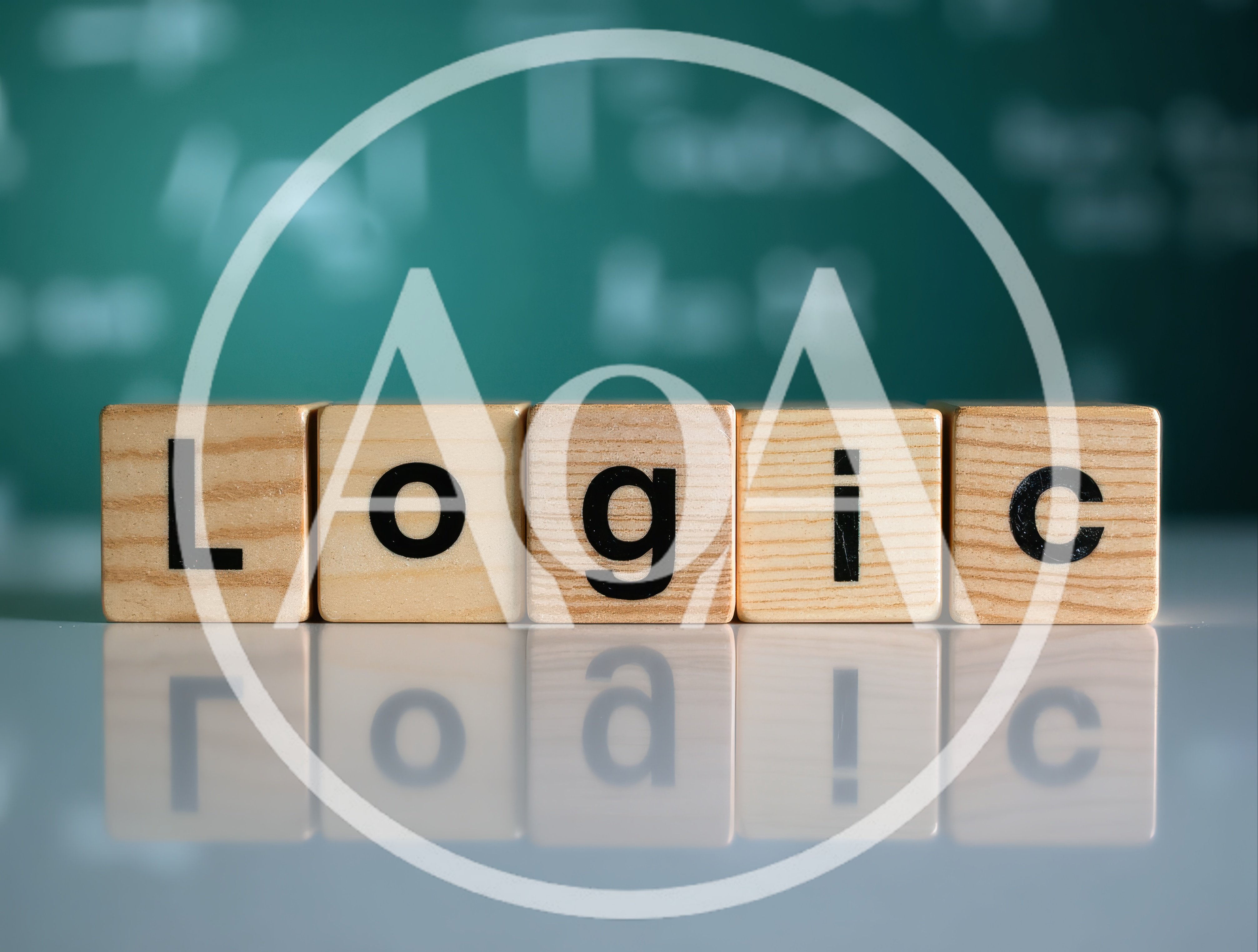 Wooden Blocks Spelling Logic On A Reflective Surface