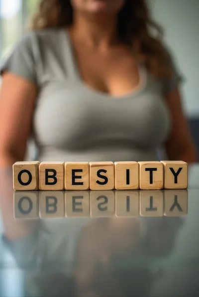 Wooden Blocks Spelling Obesity With Blurred Woman In Background