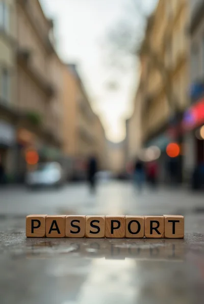 Wooden Blocks Spelling Passport On A City Street