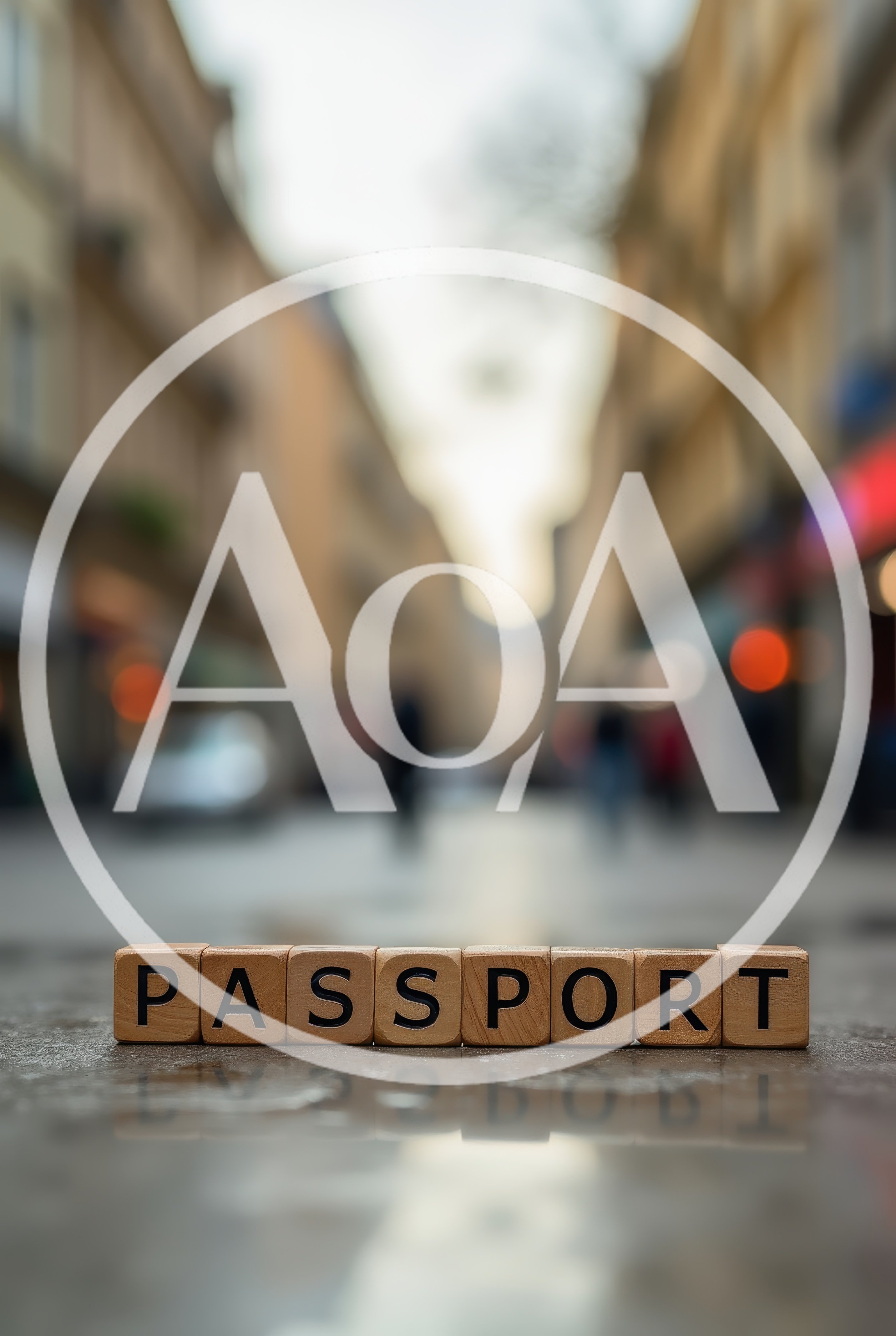 Wooden Blocks Spelling Passport On A City Street