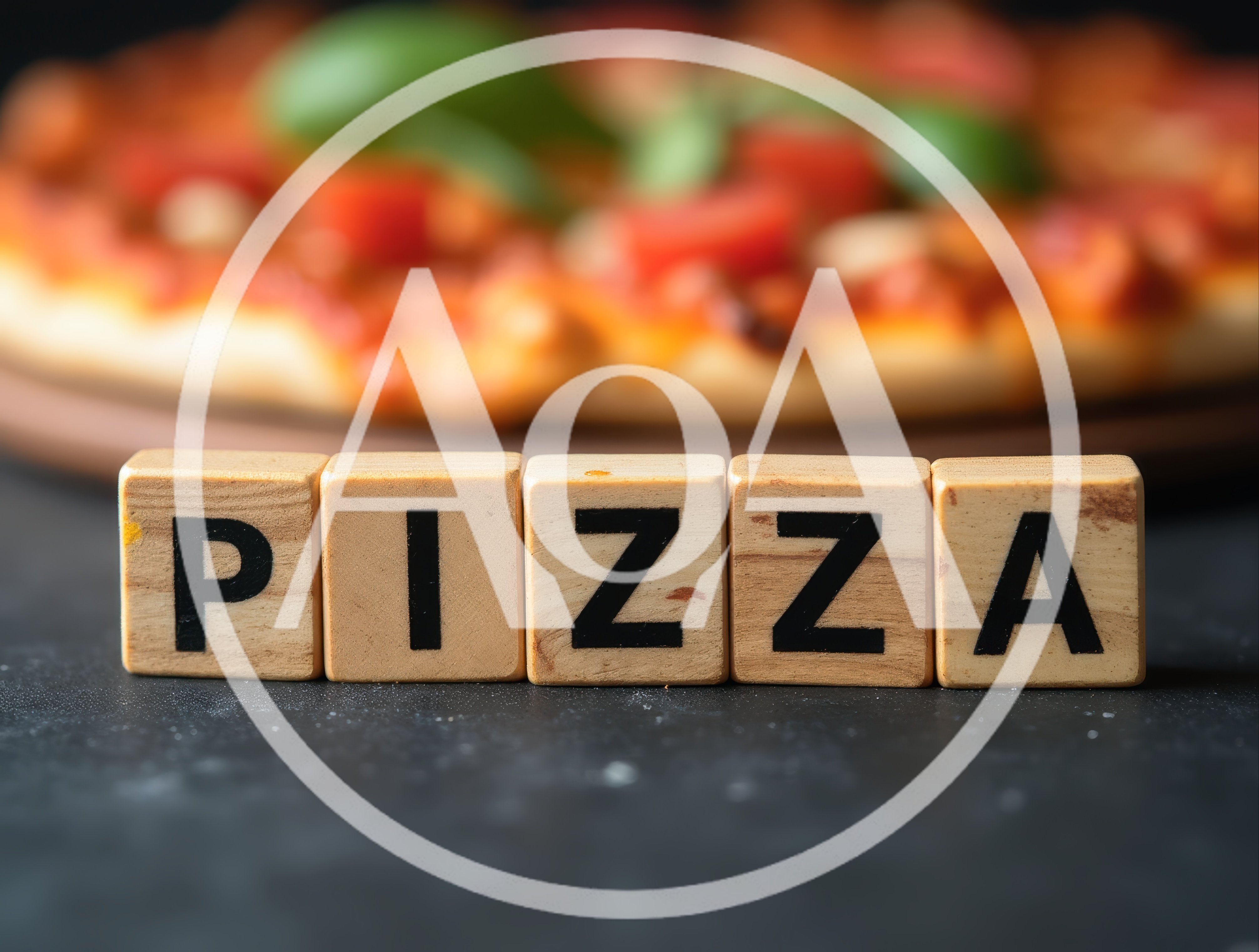 Wooden Blocks Spelling Pizza With Blurred Pizza Background