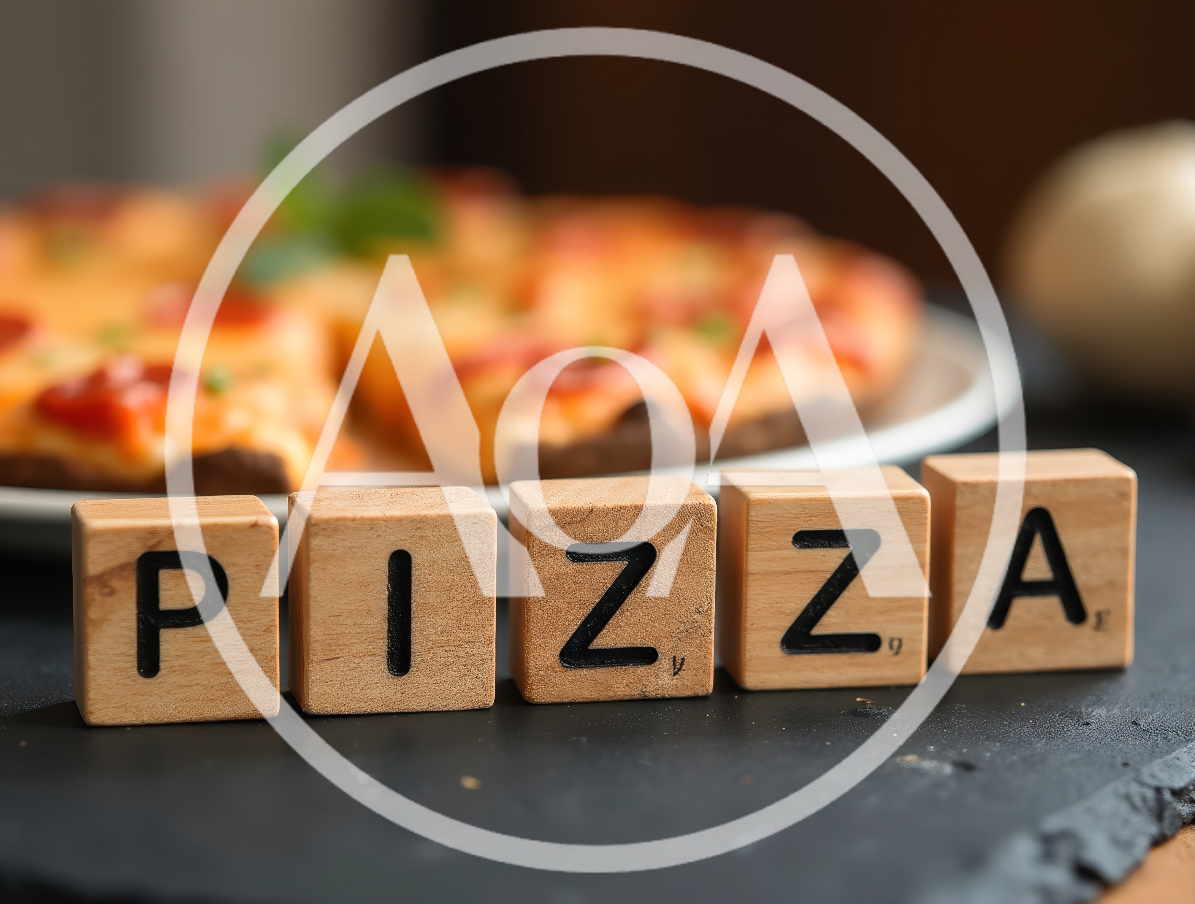 Wooden Letter Blocks Spelling Pizza With Blurred Pizza Background