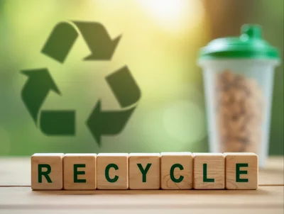 Wooden Blocks Spelling Recycle With Recycling Symbol