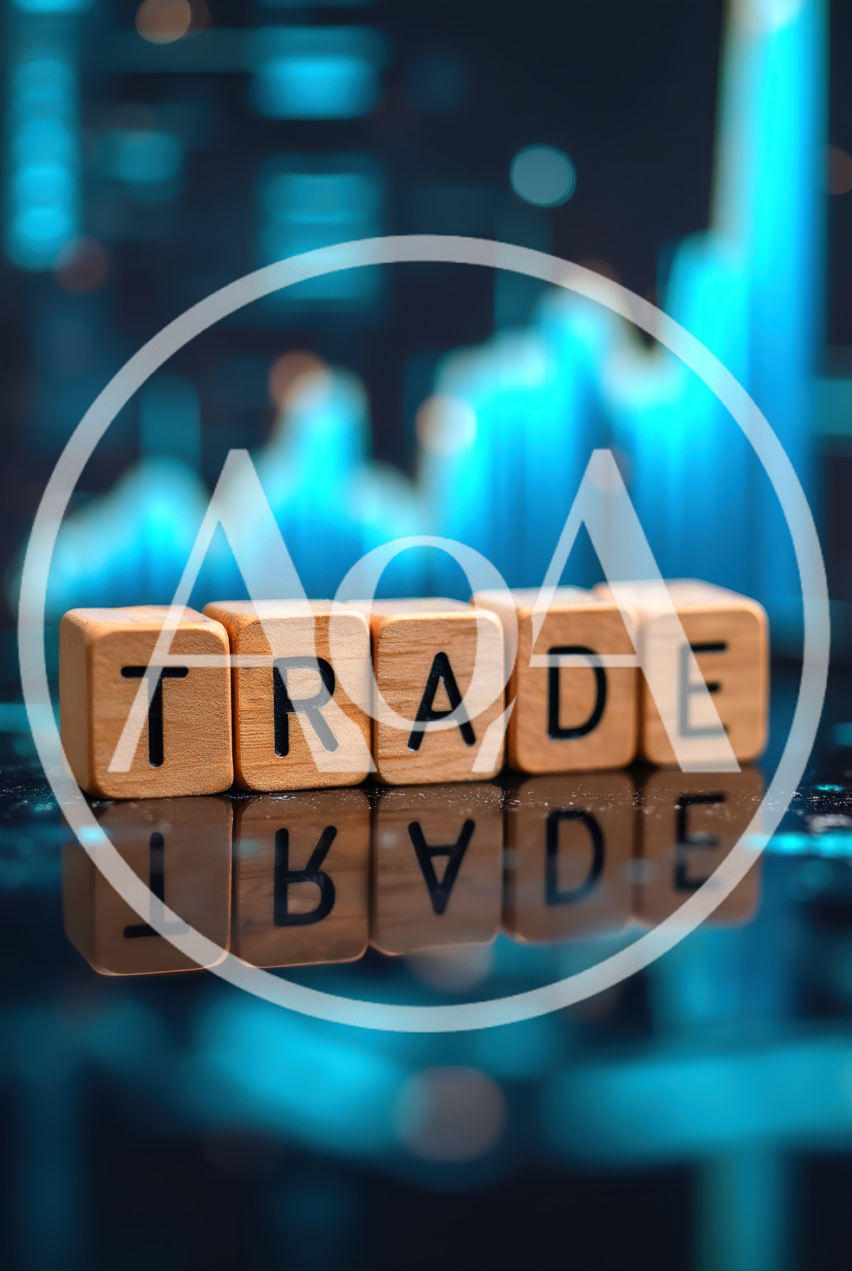 Wooden Blocks Spelling Trade With Glowing Financial Chart Background