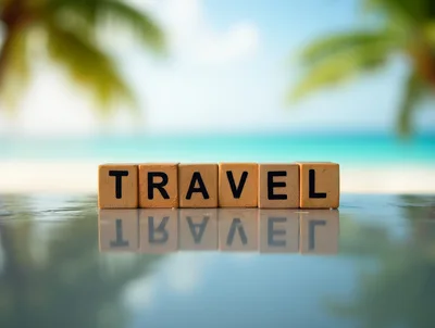 Travel Word Spelled With Wooden Blocks On Tropical Beach