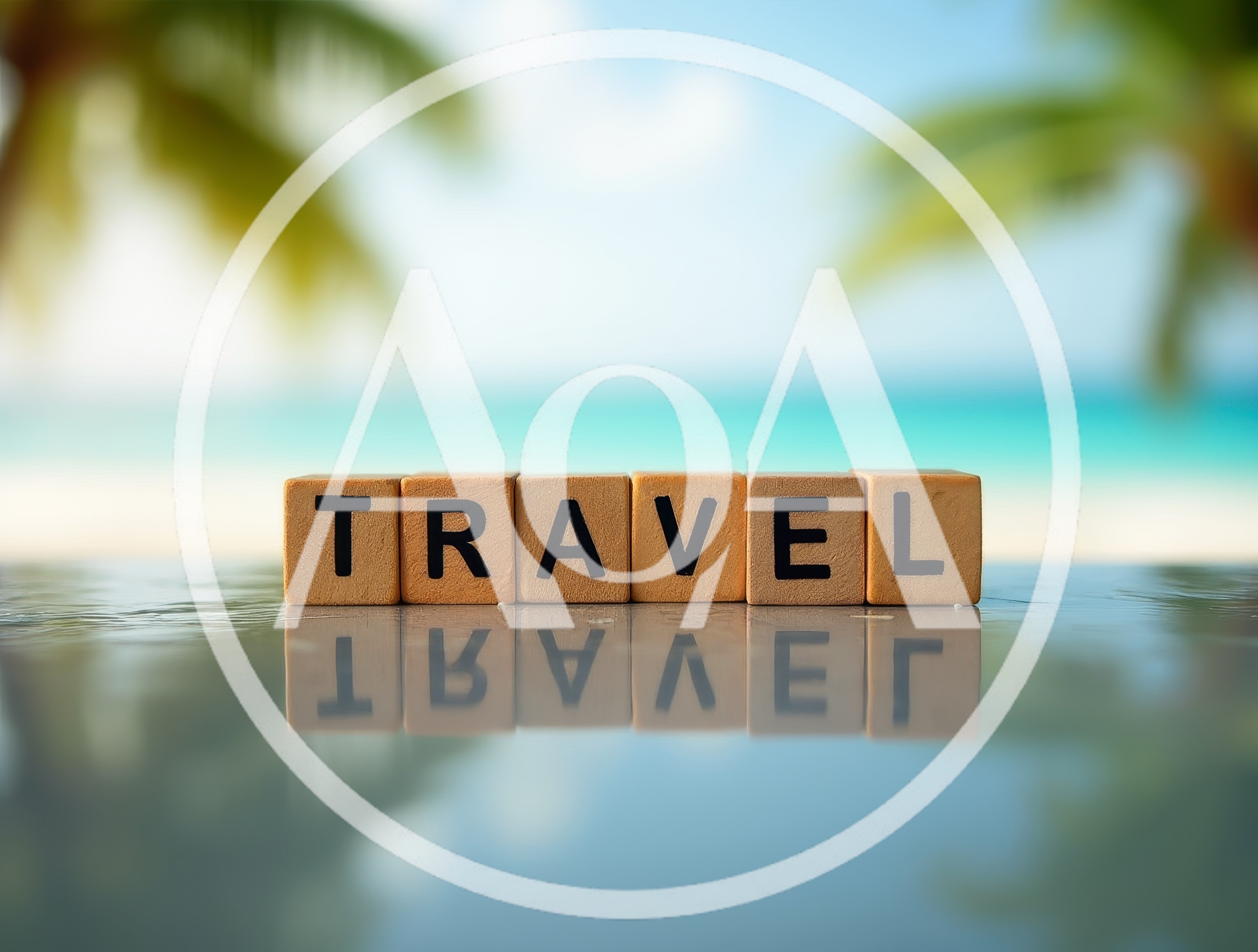 Travel Word Spelled With Wooden Blocks On Tropical Beach