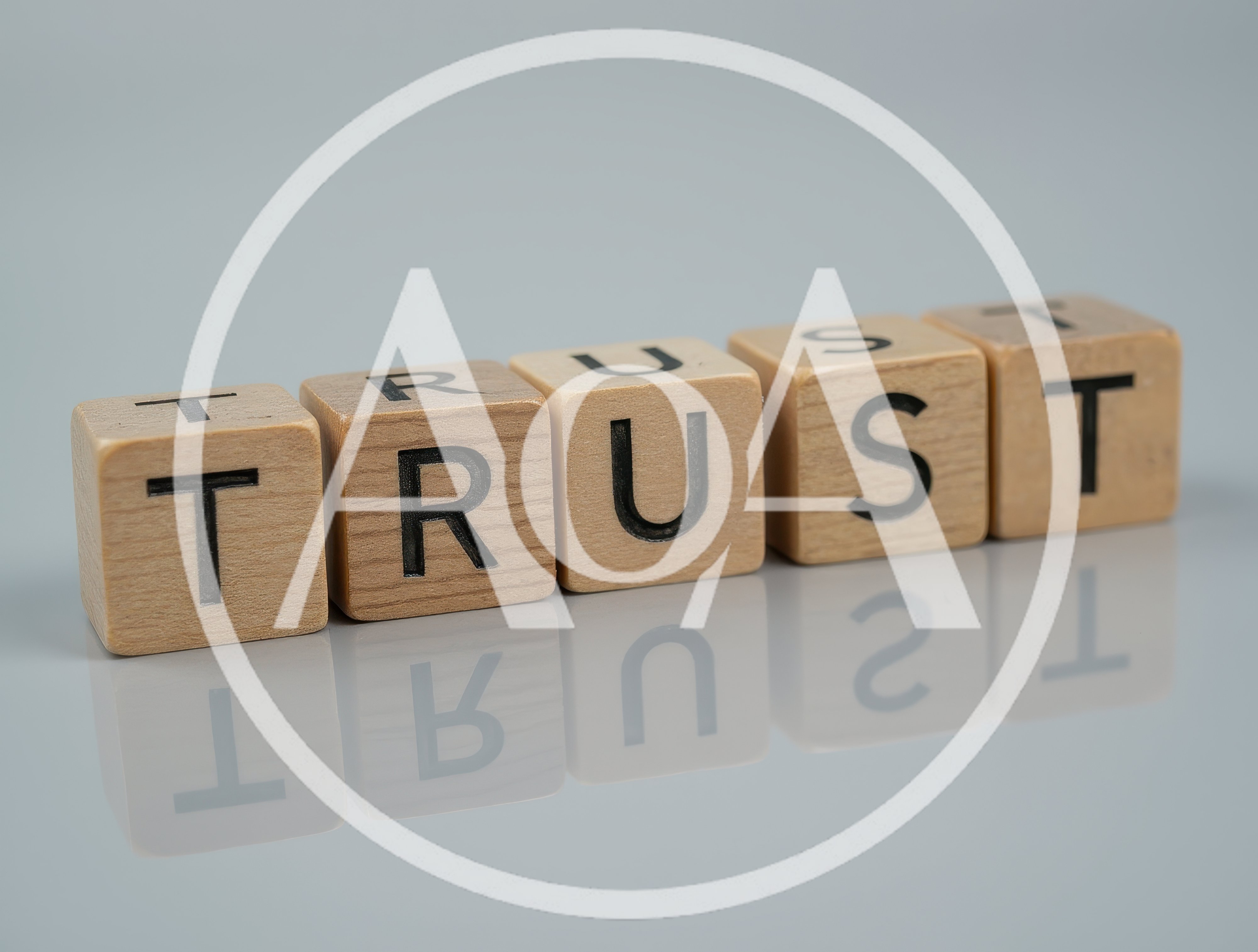 Wooden Blocks Spelling The Word Trust On Reflective Surface