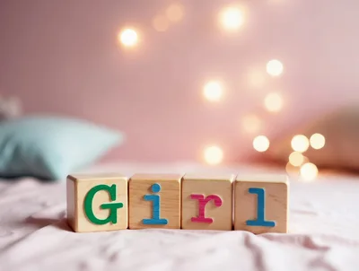 Wooden Blocks Spelling Girl On A Pink Bed