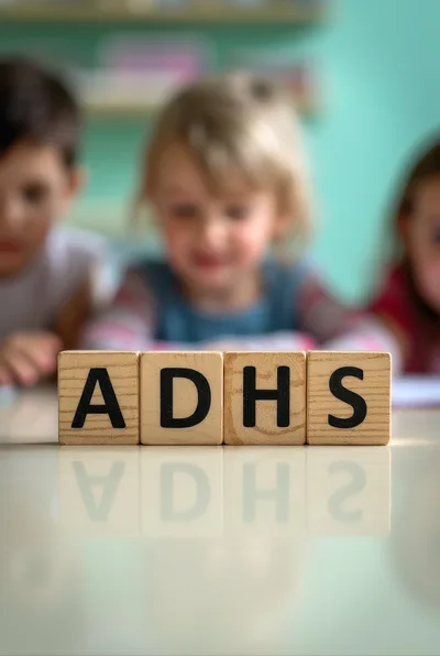 Wooden Blocks Spelling ADHS With Blurred Children In Background