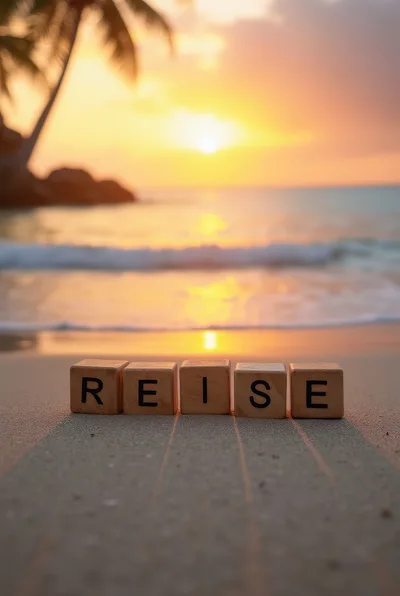 Wooden Blocks Spelling Reise On Tropical Beach At Sunset