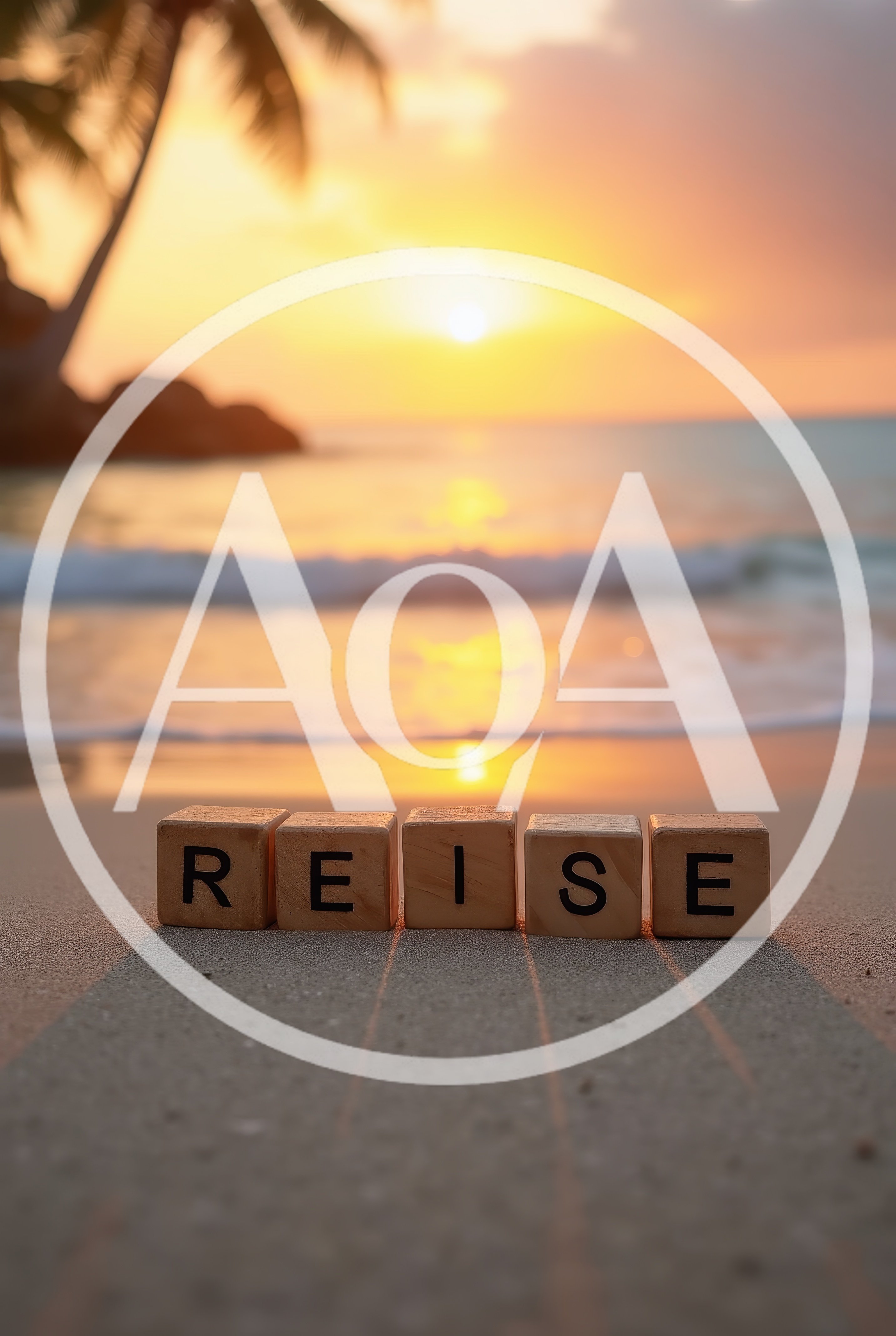 Wooden Blocks Spelling Reise On Tropical Beach At Sunset