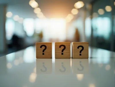 Three Wooden Blocks With Question Marks On Table