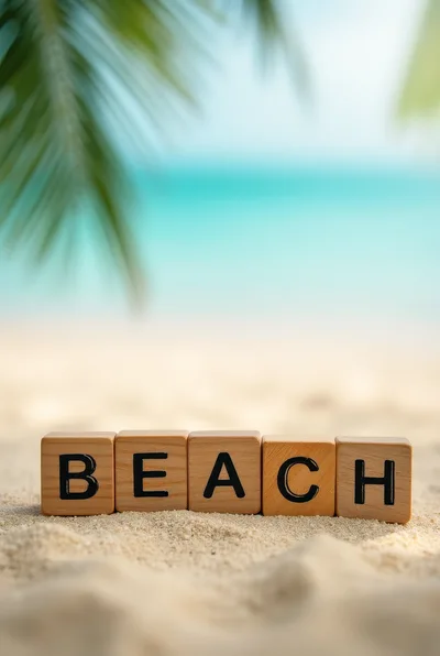 Wooden Blocks Spelling Beach on Tropical Sand
