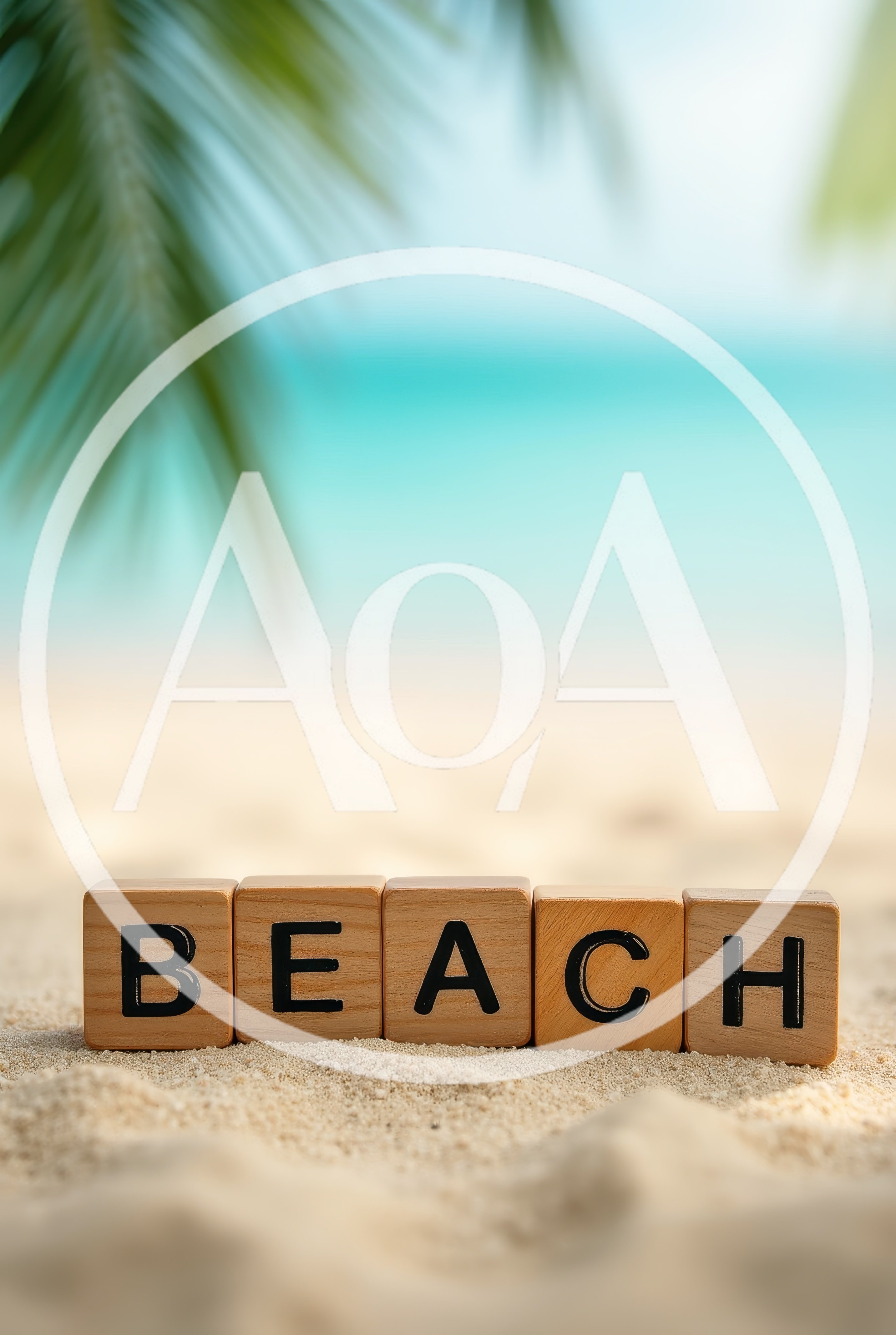 Wooden Blocks Spelling Beach on Tropical Sand