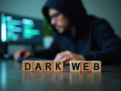 Hacker Working At Computer With Dark Web Wooden Blocks