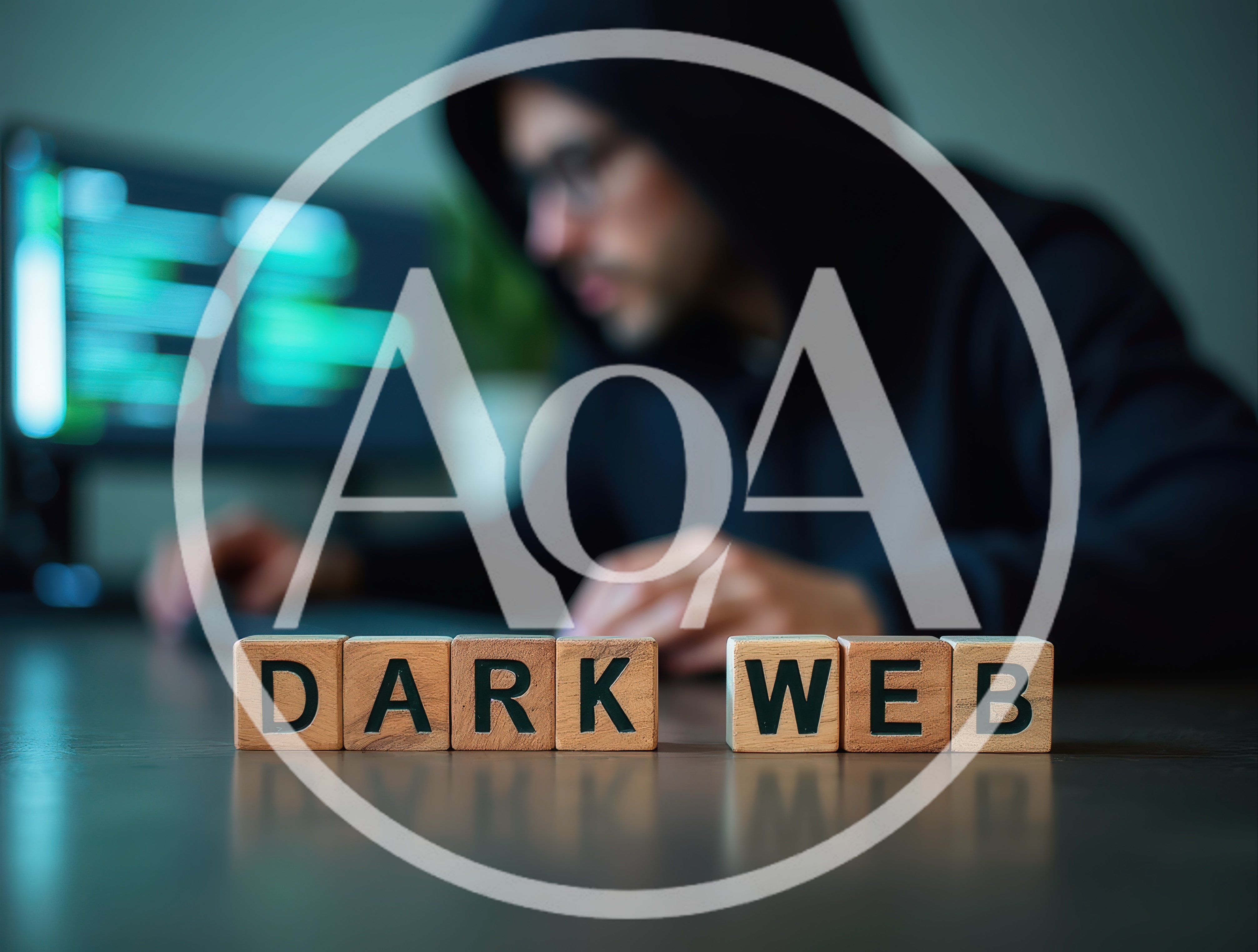 Hacker Working At Computer With Dark Web Wooden Blocks