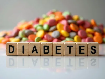 Wooden Blocks Spelling Diabetes With Colorful Pills Background