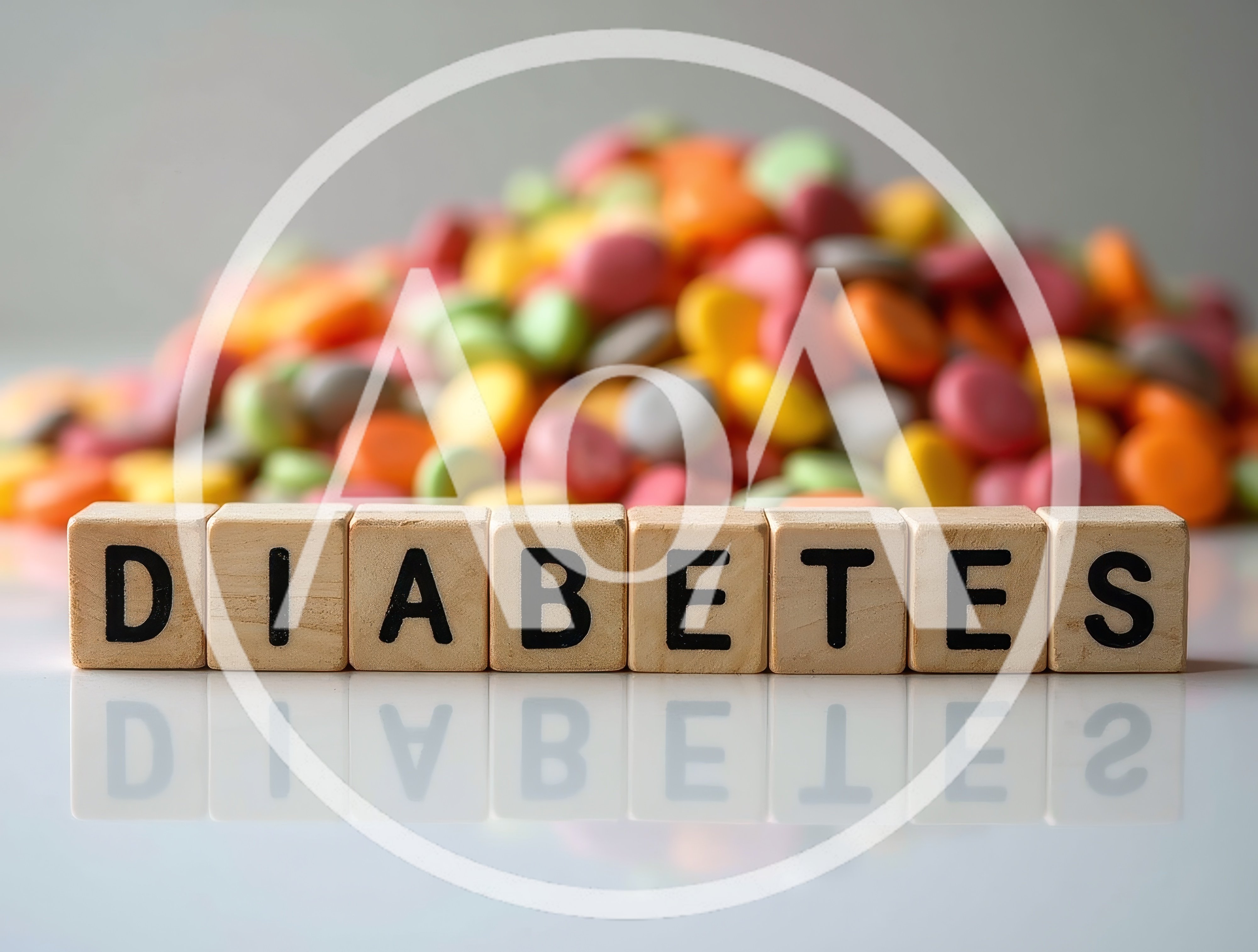 Wooden Blocks Spelling Diabetes With Colorful Pills Background