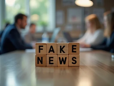 Wooden Blocks Spelling Fake News On Office Table