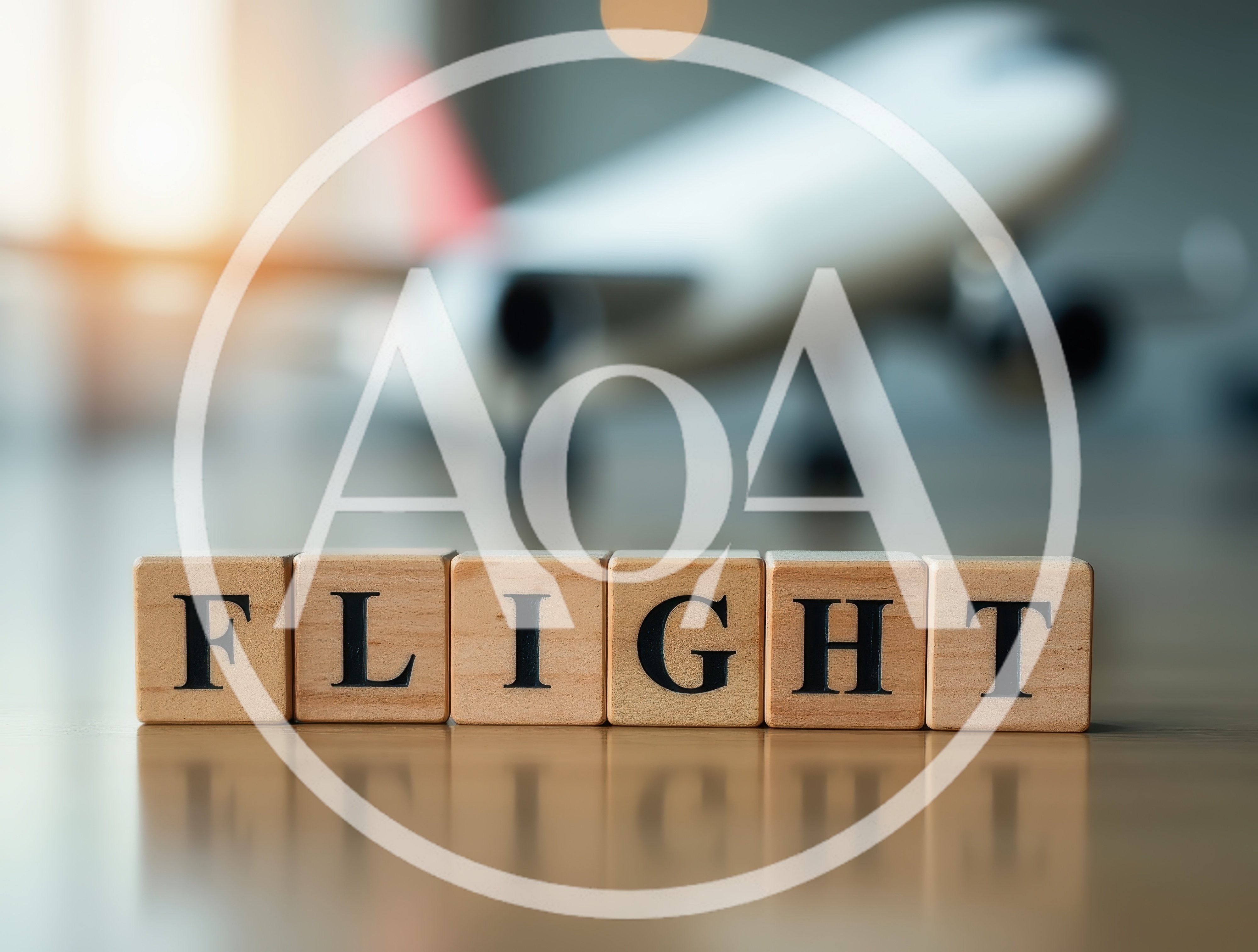 Wooden Blocks Spelling Flight With Blurred Airplane Model