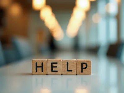 Wooden Blocks Spelling Help On A Blurred Office Table