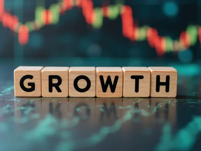 Wooden Blocks Spelling Growth on Financial Chart Background