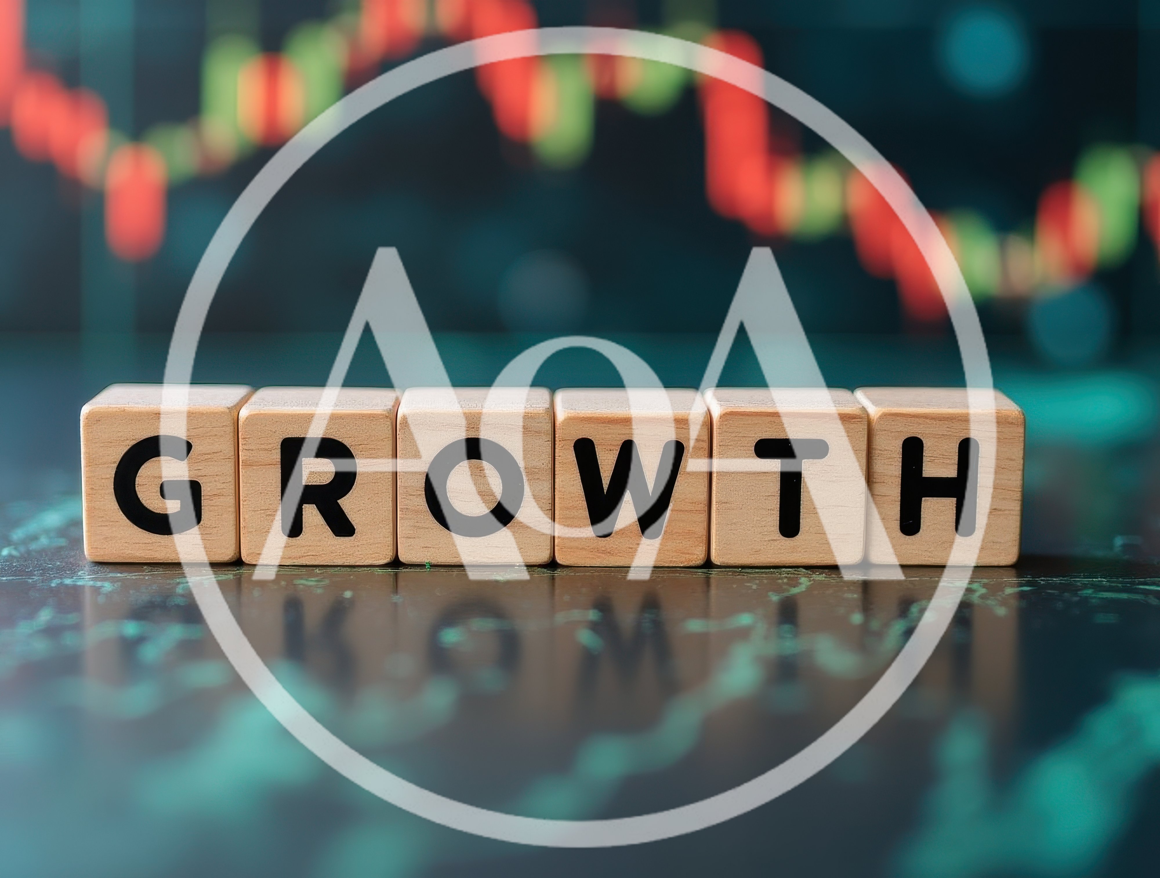 Wooden Blocks Spelling Growth on Financial Chart Background