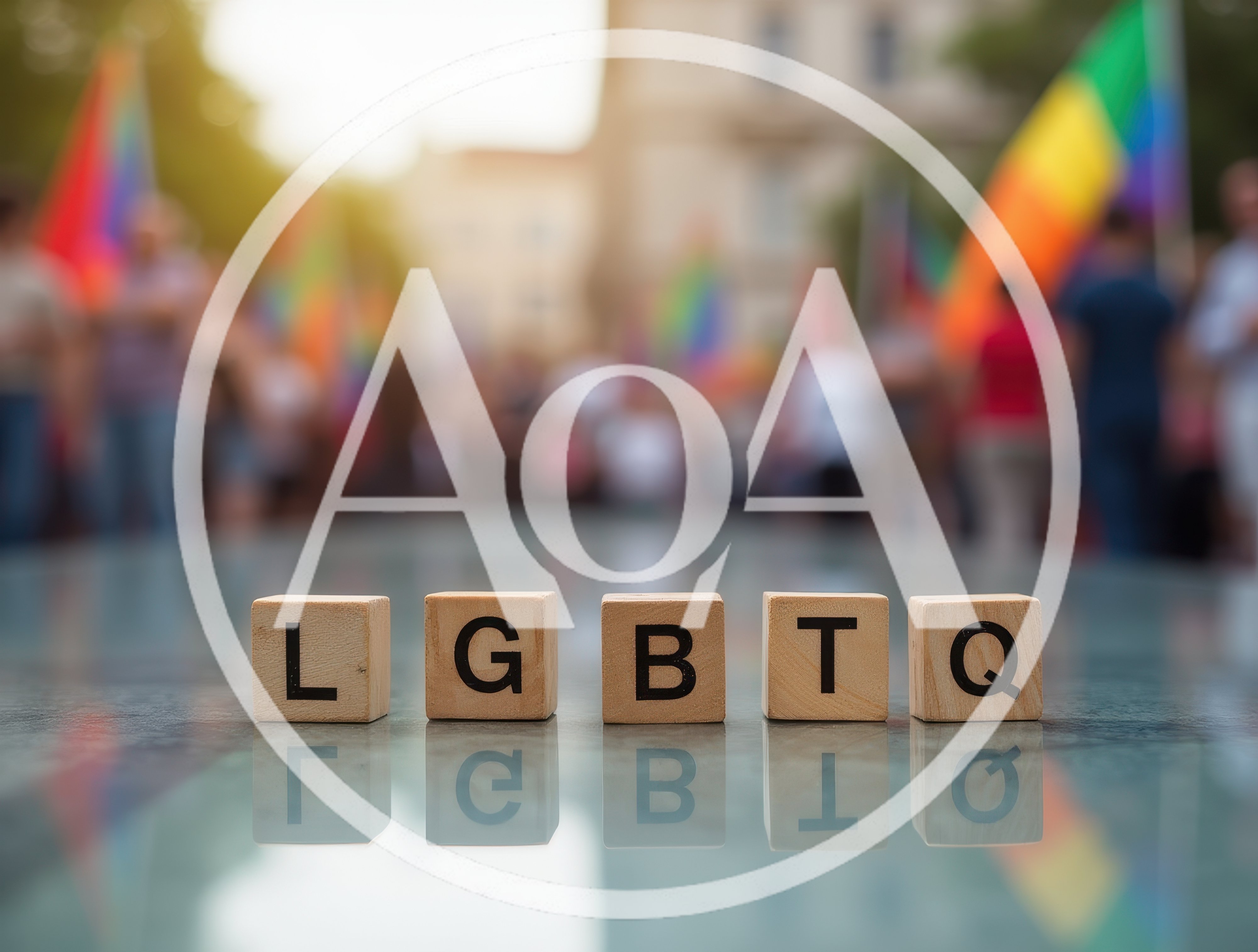 Wooden Blocks Spelling LGBTQ on Reflective Surface