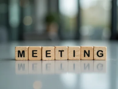 Wooden Blocks Spelling Meeting On A Reflective Surface