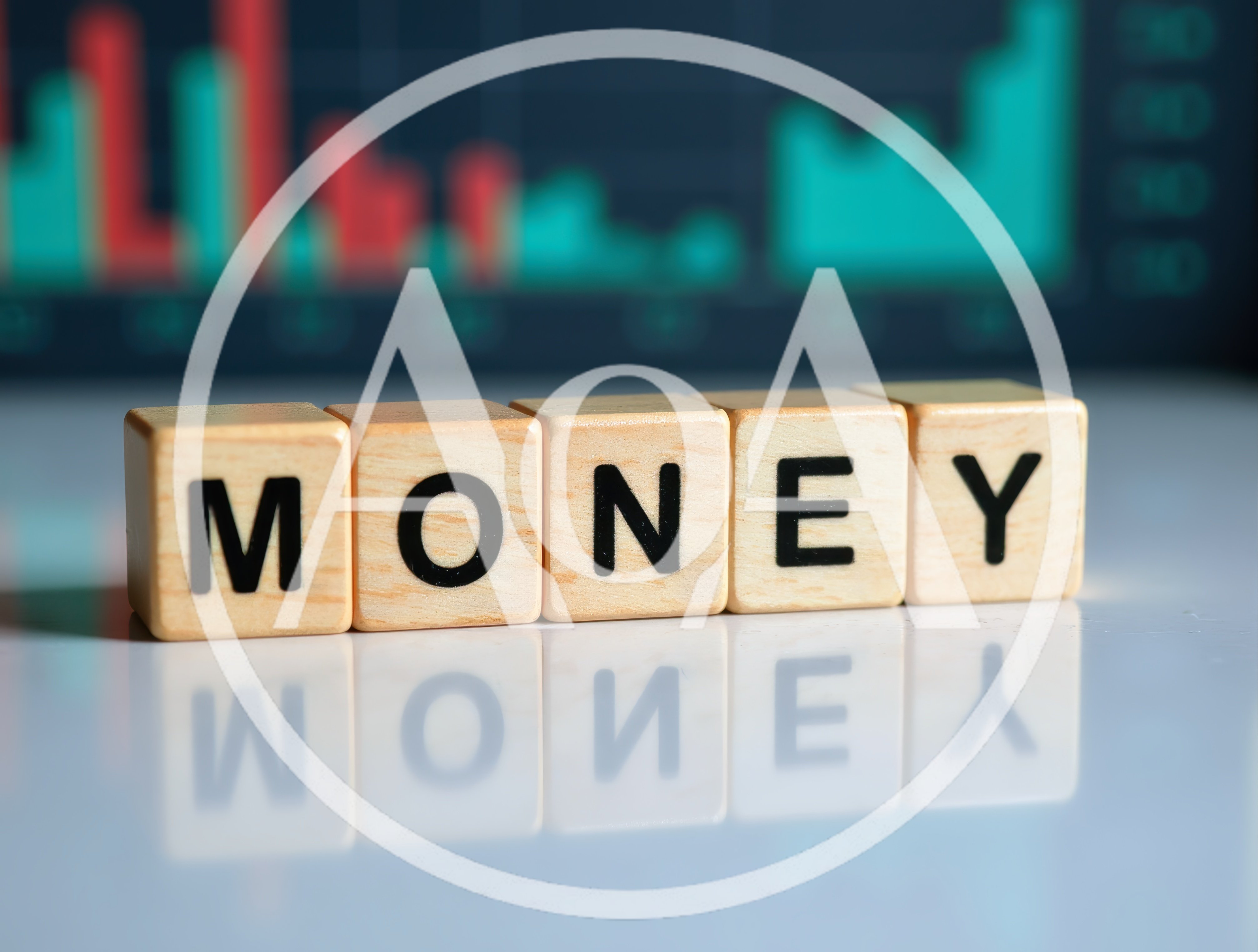 Wooden Blocks Spelling Money With Financial Chart Background