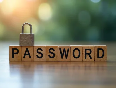 Wooden Blocks Spelling Password With A Metal Padlock
