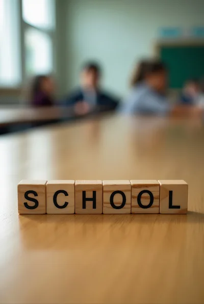 Wooden Blocks Spelling School on Classroom Desk
