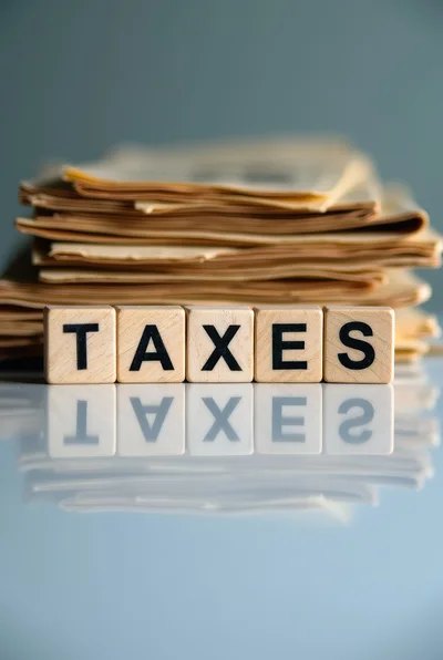 Wooden Letter Tiles Spelling Taxes With Paperwork Stack