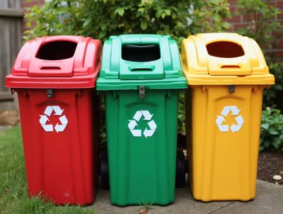 Three Colorful Recycling Bins Standing Outdoors