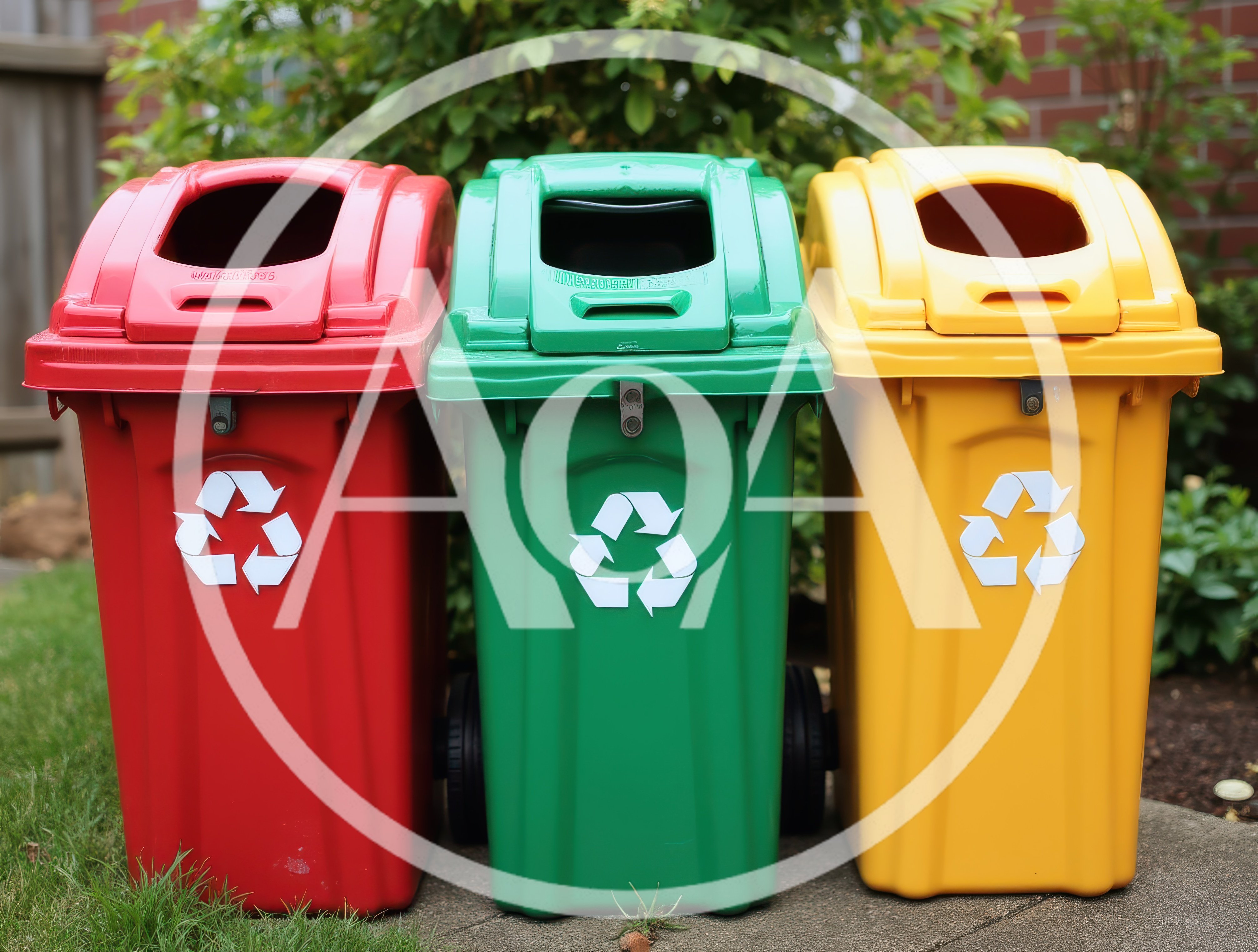 Three Colorful Recycling Bins Standing Outdoors