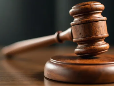 Wooden Judge Gavel Resting On A Courtroom Desk