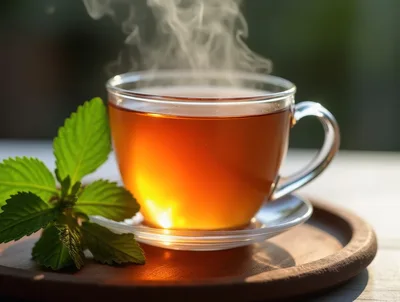 Steaming Cup Of Herbal Tea With Fresh Mint Leaves