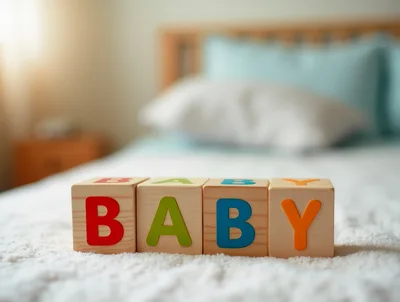 Wooden Baby Blocks Spelling Baby On A Bed