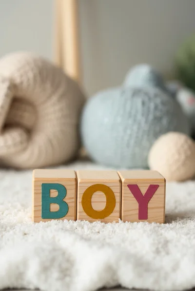 Wooden Blocks Spelling Boy on Soft White Fabric