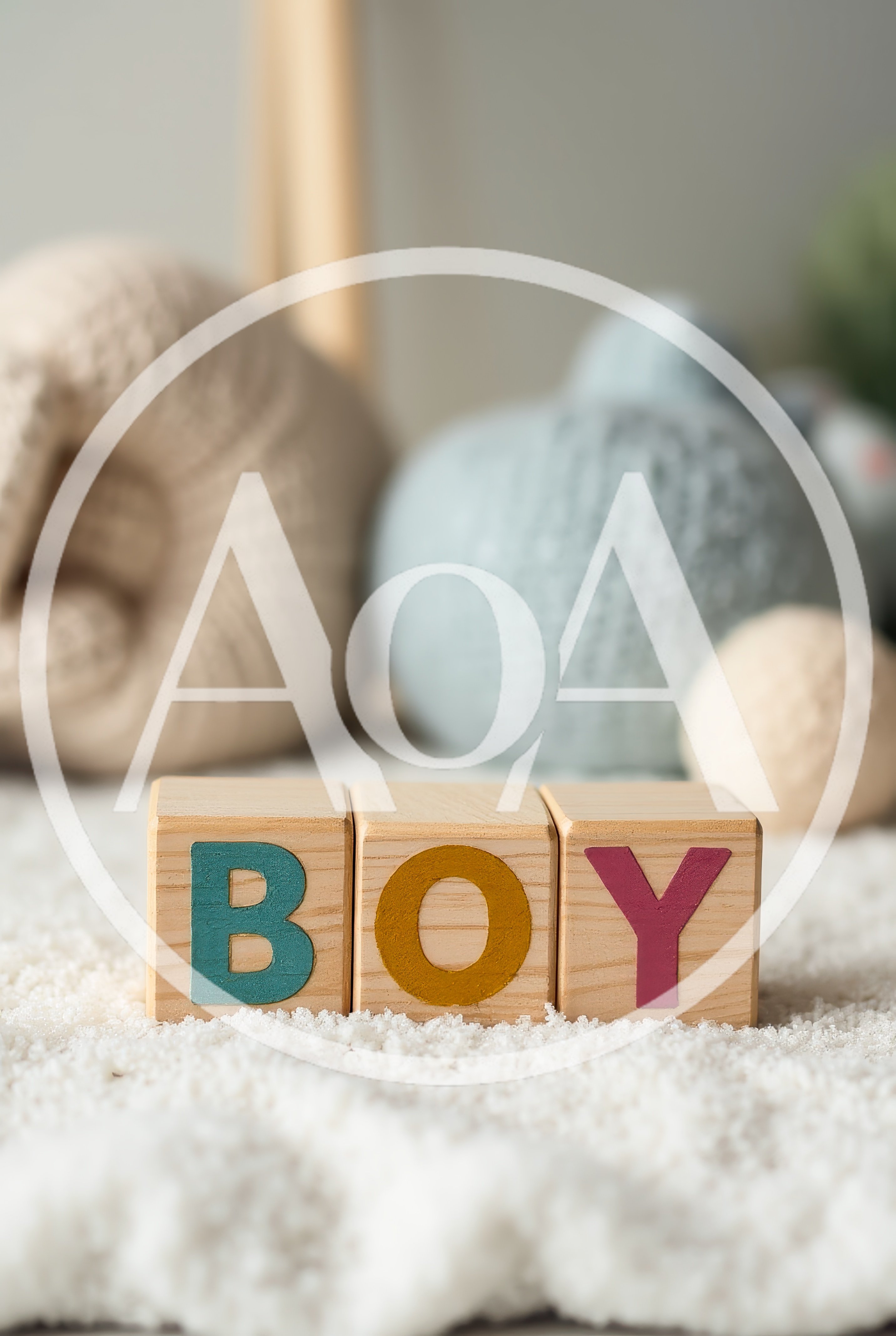 Wooden Blocks Spelling Boy on Soft White Fabric